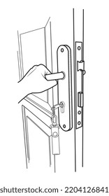 line art vector. hand open door knob or opening the door, grand opening, Close up hand open door. turning the door lock.