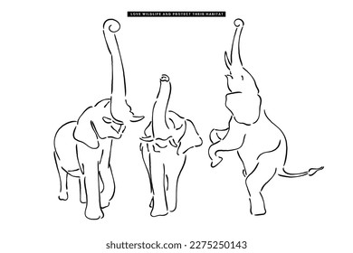 Vector de línea de una familia de elefantes felices. Concepto de conservación de la vida silvestre arte. Conservar a los animales y su hábitat para un mejor futuro de la tierra.