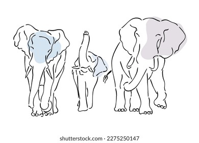 Line art vector of a happy elephant family. Wildlife conservation concept art. Conserve animals and their habitat for a better future of earth.