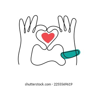 line art vector of heart enclosed in hands. Care and empathy convept.