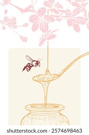 Line art vector honey illustrations with honeycomb, bees and a dipper dripping honey. Hand drawn poster design highly detailed with cherry blossoms on the background. 