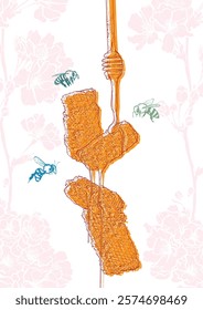 Line art vector honey illustrations with honeycomb, bees and a dipper dripping honey. Hand drawn poster design highly detailed with cherry blossoms on the background. 