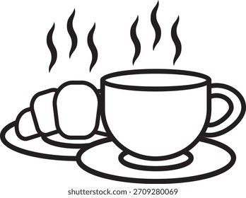Line Art Vektor eines heißen Getränks mit Croissant und Gebäck auf einer Untertasse. Ideal für Frühstückssymbole, Café-Branding, Food-Blogs, gemütliche Lifestyle-Designs und minimalistische kulinarische Illustrationen.