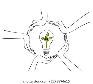 line art vector of human efforts to promote use of renewable energy sources and play active role in recycling revolution.