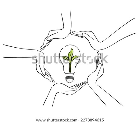 line art vector of human efforts to promote use of renewable energy sources and play active role in recycling revolution.