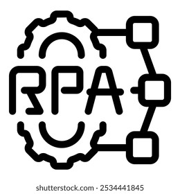 Line art vector icon of the acronym rpa for robotic process automation, with a gear and process flow