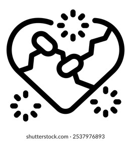 Line art vector icon of a broken heart with wires connecting the pieces, symbolizing the attempt to repair a relationship