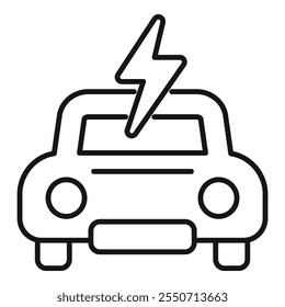 Line art vector icon of a car charging with a lightning bolt above it, representing electric vehicles and sustainable transportation