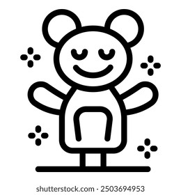 Line art vector icon of a cute bear toy standing with open arms, closed eyes, and a happy smile on a white background