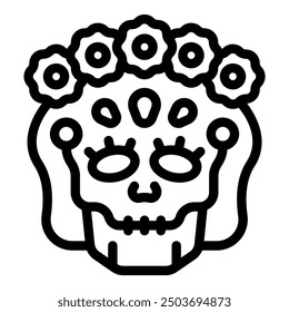 Line art vector icon of a decorated calavera, representing the day of the dead