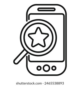 Line art vector icon depicting a star review on a smartphone screen, magnified for close inspection