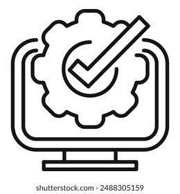 Line art vector icon depicting a computer screen with a quality check symbol