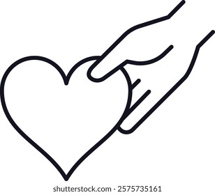 Line art vector icon depicting a hand gently cradling a heart, representing themes of love, kindness, and care within relationships, evoking feelings of compassion and connection