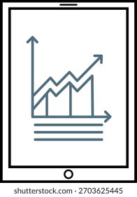 Icono de Vector de arte lineal que representa una pantalla de tableta digital con una tabla de crecimiento comercial y análisis de datos. Ilustración de gráfico financiero minimalista para presentaciones de inversión y tecnología.