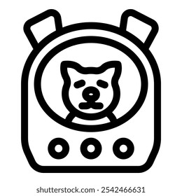 Line art vector icon of a dog wearing a space helmet, looking out of a spacecraft window