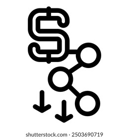 Line art vector icon of a dollar sign connected to a network distributing money symbolized by downward arrows