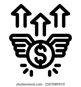 Line art vector icon of a dollar coin with wings flying up surrounded by growing arrows representing successful investment