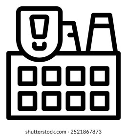 Line art vector icon of a factory building with chimney and warning sign, concept of industrial risk and hazard