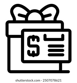 Line art vector icon of a gift box with a document showing the price paid for the present