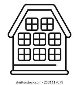 Line art vector icon of a gingerbread house with icing and many square windows, perfect for the holiday season