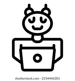 Line Art, Vektorsymbol eines glücklichen Roboters, der auf einem Laptop arbeitet und ein Gefühl für technologischen Fortschritt und künstliche Intelligenz vermittelt