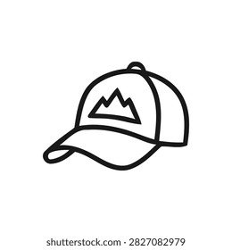 line art vector icon of a hiking cap with a mountain symbol, representing outdoor adventure, hiking, camping, travel, tourism, and active lifestyle.