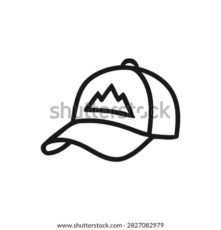 line art vector icon of a hiking cap with a mountain symbol, representing outdoor adventure, hiking, camping, travel, tourism, and active lifestyle.