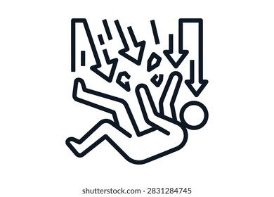 A line art vector icon illustrating a human figure being hit by falling objects with directional arrows indicating impact.