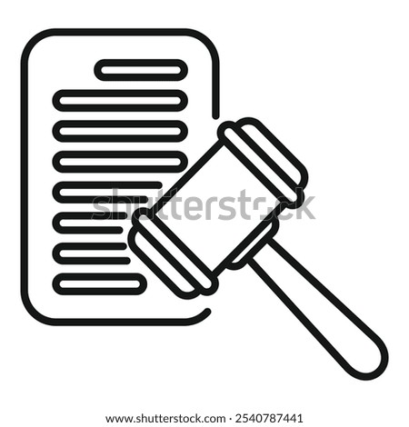 Line art vector icon of a judge's gavel striking a document, symbolizing a legal decision or verdict