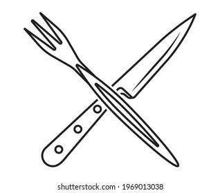 Icono de vector de arte de línea un cuchillo de cocina y bifurcación para aplicaciones o sitios web