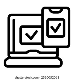 Icono de Vector de arte lineal de una computadora portátil y un teléfono inteligente, ambos mostrando marcas de verificación de validación, que representan el concepto de autenticación de dos factores