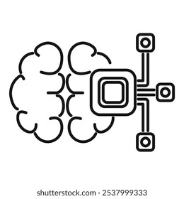 Line art vector icon of a microchip processing data from a human brain, representing artificial intelligence
