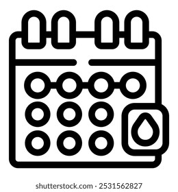 Line art vector icon of a monthly calendar showing the period cycle with a water drop