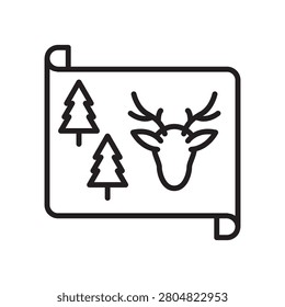 Line art vector icon of an opened map displaying trees and a deer head.