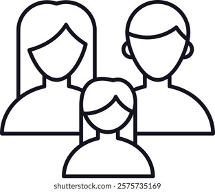 Line art vector icon representing a family composed by mother, father and child, symbolizing unity, love, and support within the family structure