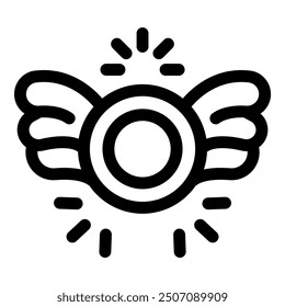 Line art vector icon of a round frame with wings flying, delivering a shining concept