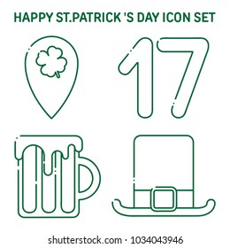 Line Art Vector Icon Set For St.Patrick 's Day. Beer Mug, Green Hat, Symbol of Navigation, Figure 17
