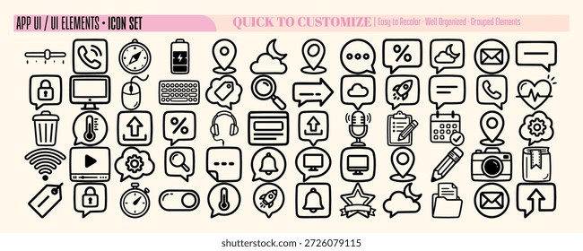 Un conjunto de iconos de Vectores de arte de líneas muestra símbolos ui dibujados a mano para App y Web, organizados en filas para maquetas de interfaz y marca, limpios