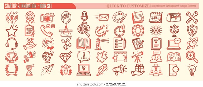 A line art vector icon set displays startup, innovation and business symbols in red outlines on beige canvas, useful for branding, web, editorial vibrant.