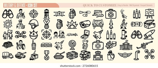 Um conjunto de ícones vetoriais de arte de linha exibindo símbolos e equipamentos militares para aplicações de marca, interface do usuário e impressão, mínimas e técnicas.