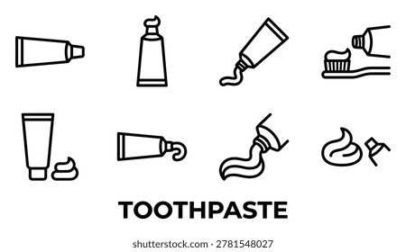 Line art vector icons of toothpaste tubes, showing application on toothbrush and paste swirls, representing dental hygiene.