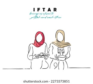 line art vector of Iftar time in Muslim family during Ramadan. Blessings of fasting and its breaking after evening. 