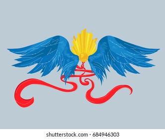 Line art vector illustration of angel wings. Gold crown and red plume.