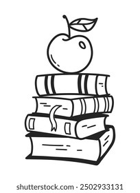 Line art vector illustration of apple on books education back to school symbol