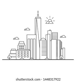 Line of Art Vector Illustration of Backgrounds of Modern Small Cities with Skyscrapers. Flat design style.