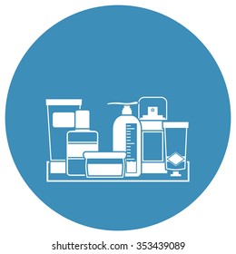 Line art vector illustration: bathroom shelf with cosmetic bottles, flasks and jar