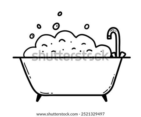 Line art vector illustration of bathtub with soap foam