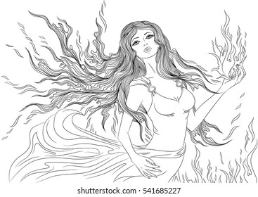 Line art. Vector illustration of a beautiful young woman with long hair in a flowing dress in the form of the fire element. Isolated on white background. Coloring book page for adults