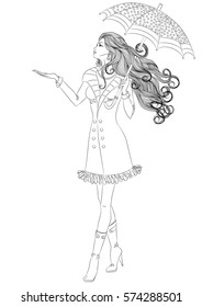 Line art. Vector illustration of a beautiful girl with long hair walking under an umbrella. Isolated on white background. Coloring book page