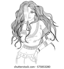 Line art. Vector illustration of a beautiful girl with long hair covering the eyes with her hand. Isolated on white background. Coloring book page